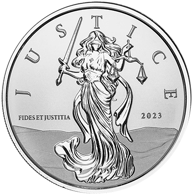 A picture of a 1 oz Gibraltar Lady Justice Silver Coin (2023)